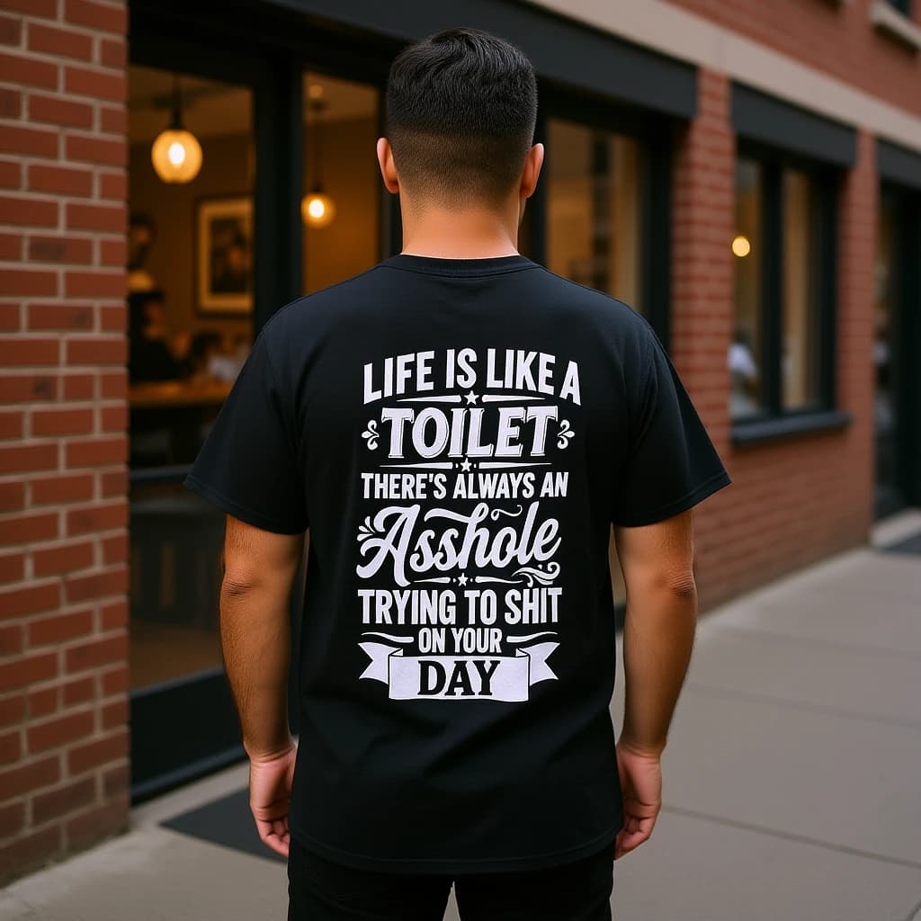 AI-generated styling preview: a person wearing the black Life Is Like a Toilet back-print tee — coffee stop.