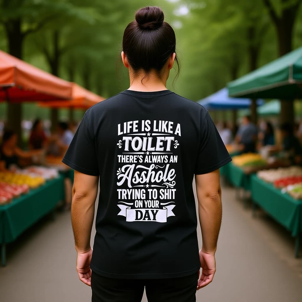 AI-generated styling preview: a person wearing the black Life Is Like a Toilet back-print tee — weekend market.