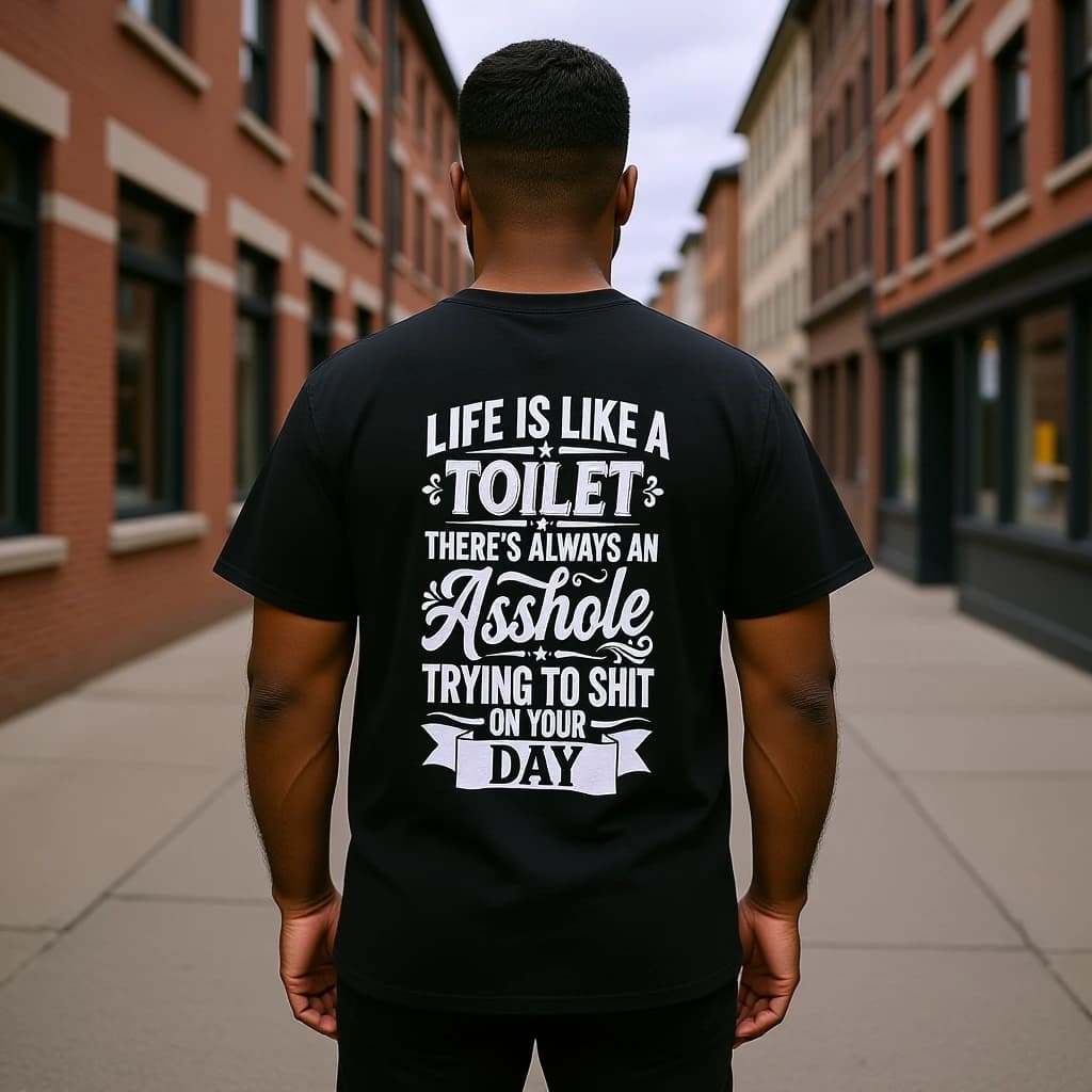 AI-generated styling preview: a person wearing the black Life Is Like a Toilet back-print tee — city walk.
