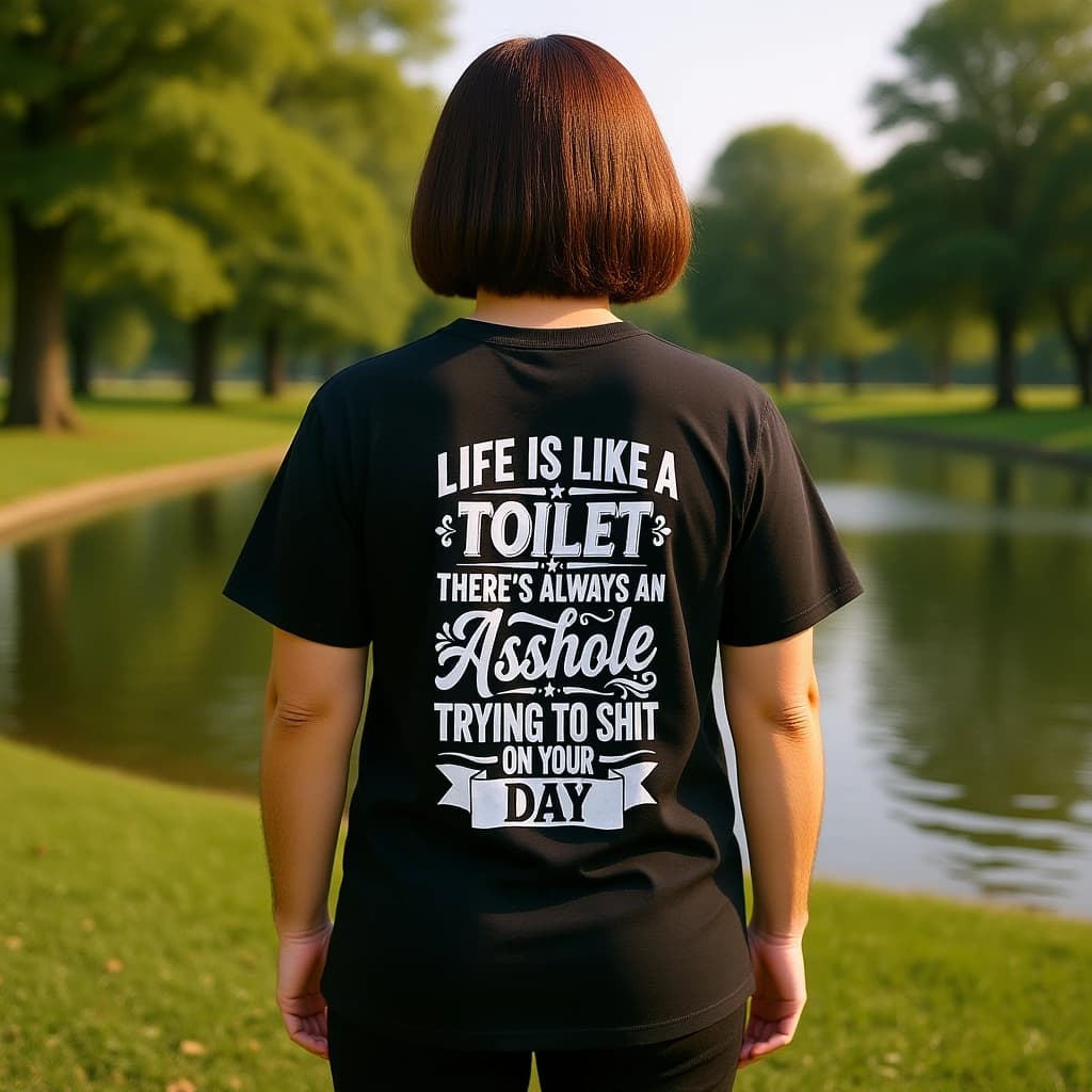 AI-generated styling preview: a person wearing the black Life Is Like a Toilet back-print tee — lakeside afternoon.