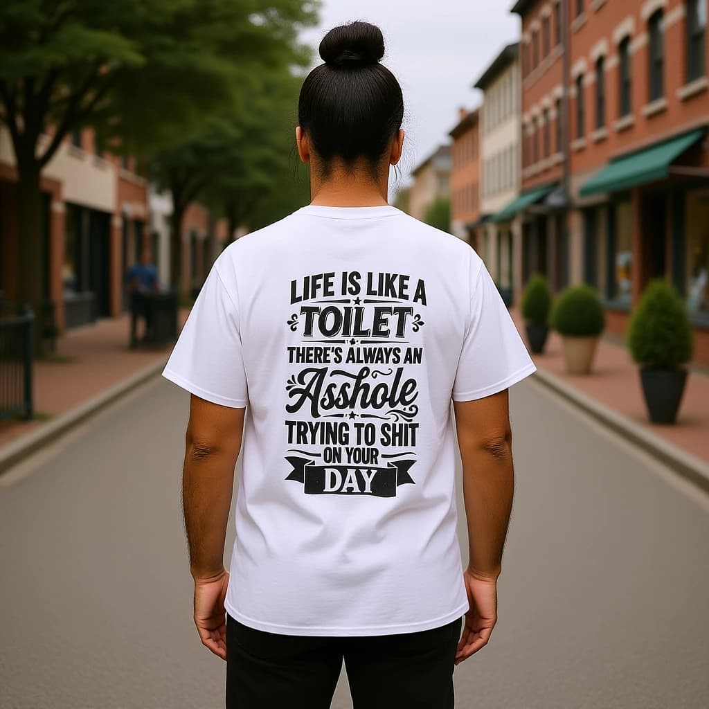 AI-generated styling preview: a person wearing the white Life Is Like a Toilet back-print tee — an afternoon downtown.