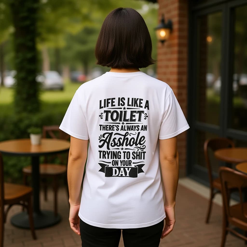 AI-generated styling preview: a person wearing the white Life Is Like a Toilet back-print tee — patio afternoon.