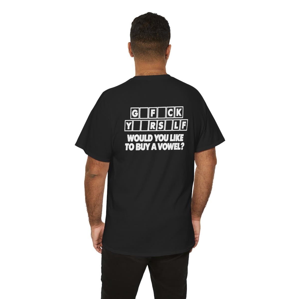 Would You Like to Buy a Vowel? — Gildan 5000 Back Print Tee — black, Model back view